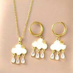 18k GOLD DIP SET OF MOTHER OF PEAR RAIN ClOUD AND RAINCLOUD EARRINGS W/DROPLETS